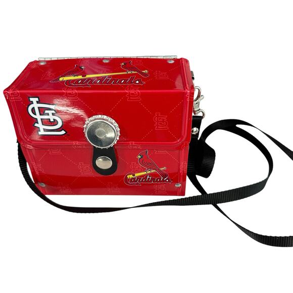 Cardinals Baseball Metal Box Purse Red STL St. Louis Snap Close MLB Black Strap - Picture 1 of 5